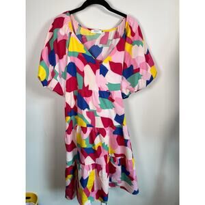 AVARA Abstract Print Puff Sleeve Tiered Babydoll Dress Pink Colorblock XL